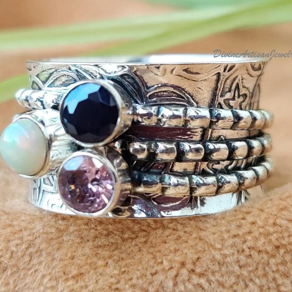 Spinner Ring Natural Amethyst & Rose Quartz Opal Ring, 925 Sterling Silver Sz 7 - Picture 4 of 4